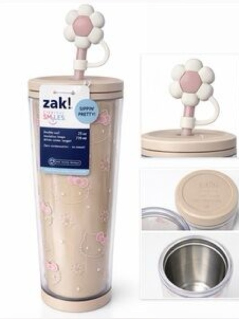 Zak Designs 25oz Hello Kitty Double-Wall Plastic Straw Tumbler with Topper Blush